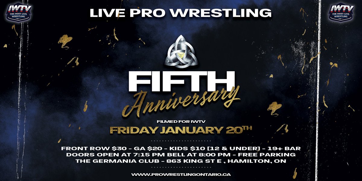 ProWrestlingOnt's tweet photo. Friday January 20th #ProWrestlingOntario returns for our #FifthAnniversary being filmed for @indiewrestling
With plenty of announcements to come over the coming weeks , we kickstart everything later today!
Stay Tuned For More Info
#PWO #PWOisBACK #PWOAnniversary #HamiltonON https://t.co/OkXJVp4Xmq