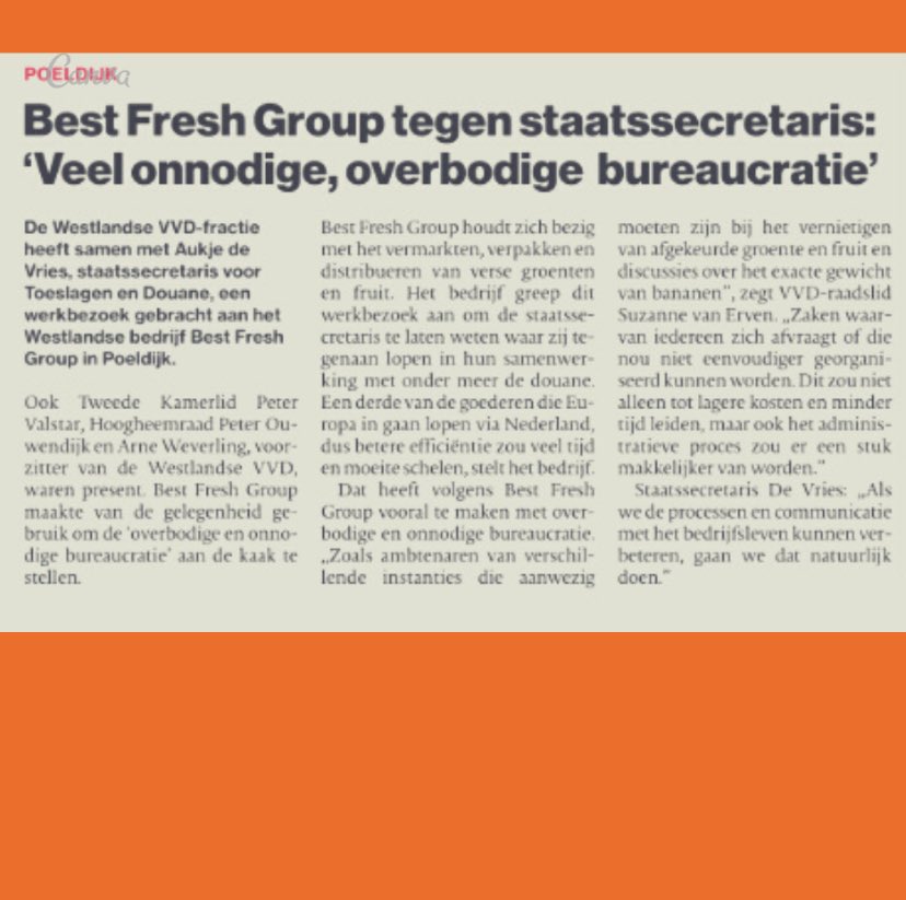 Afgelopen week hebben wij een werkbezoek gebracht aan het bedrijf Best Fresh Group in Poeldijk met @Stas_TD . Een goed moment om een rondleiding door dit mooie bedrijf te krijgen en om te horen waar zij oa tegenaan lopen. Met <a href="/suusz_1985/">Suzanne van Erven</a>, @pvalstar <a href="/ArneWeverling/">Arne Weverling</a> <a href="/PeterOuwendijk/">Peter Ouwendijk</a>