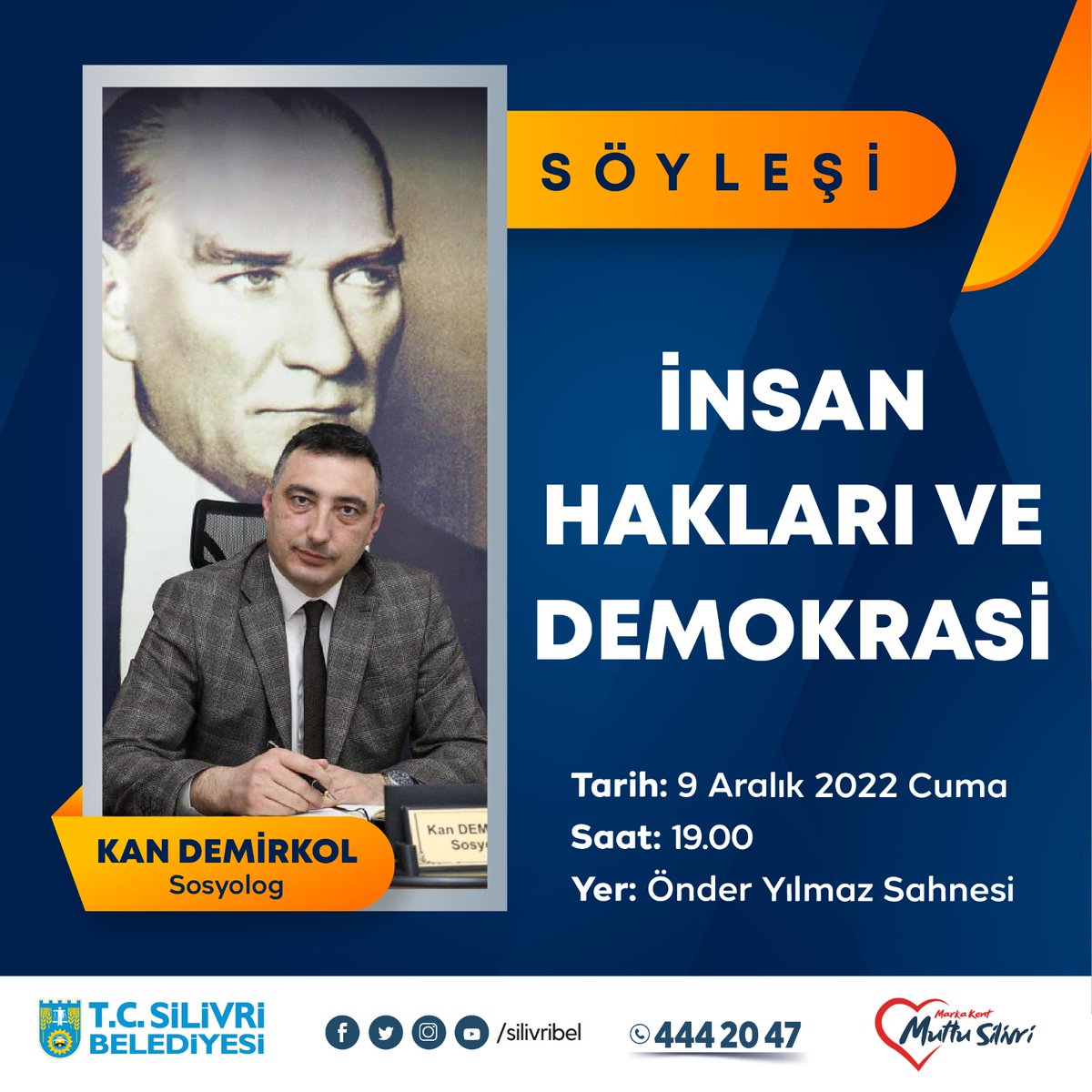 SilivriBel's tweet photo. 📌 Sosyolog Kan Demirkol ile gerçekleştireceğimiz "İnsan Hakları ve Demokrasi" konulu söyleşimize tüm halkımız davetlidir.  

🗓️ 9 Aralık 2022 Cuma
⏰ 19.00
📍 Önder Yılmaz Sahnesi https://t.co/X5tRcH1rDm