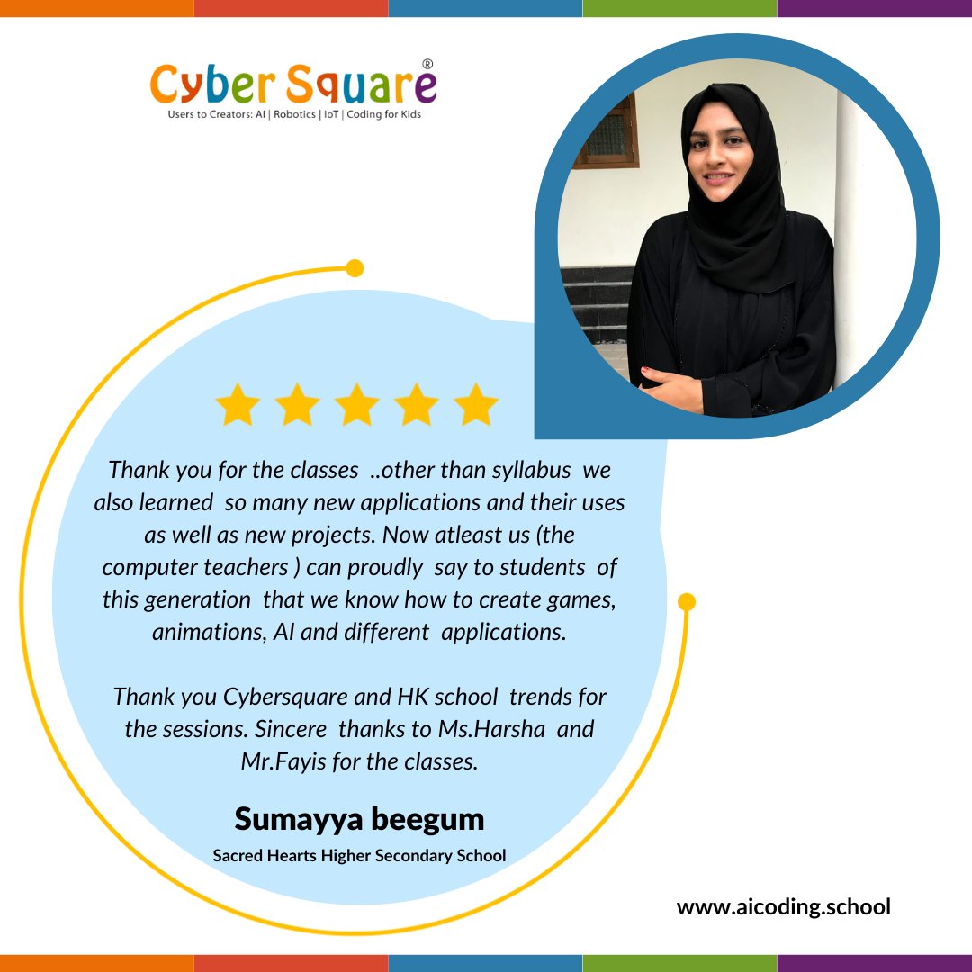JoinCyberSquare's tweet photo. We appreciate your review. We are delighted to hear that you love Cyber Square coding workshop for educators.

Visit https://t.co/GekLQjYQkF.

#codingworkshop #coding #cybersquare #artificialintelligence #school #educators #testimonial #review #computerscienceteacher https://t.co/ytYWn4mfdE