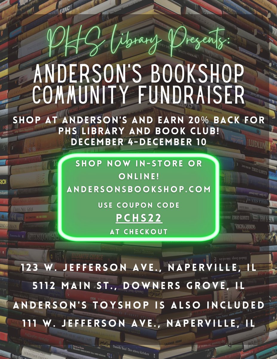 Do you want to support a local book store AND help out PHS Library? Shop at <a href="/AndersonsBkshp/">Anderson's Bookshops</a> between 12/4-12/10 (online OR in store!) and 20% of the proceeds will help out PHS! Use code PCHS22 at checkout or mention us at the register in person! Thanks for sharing!
