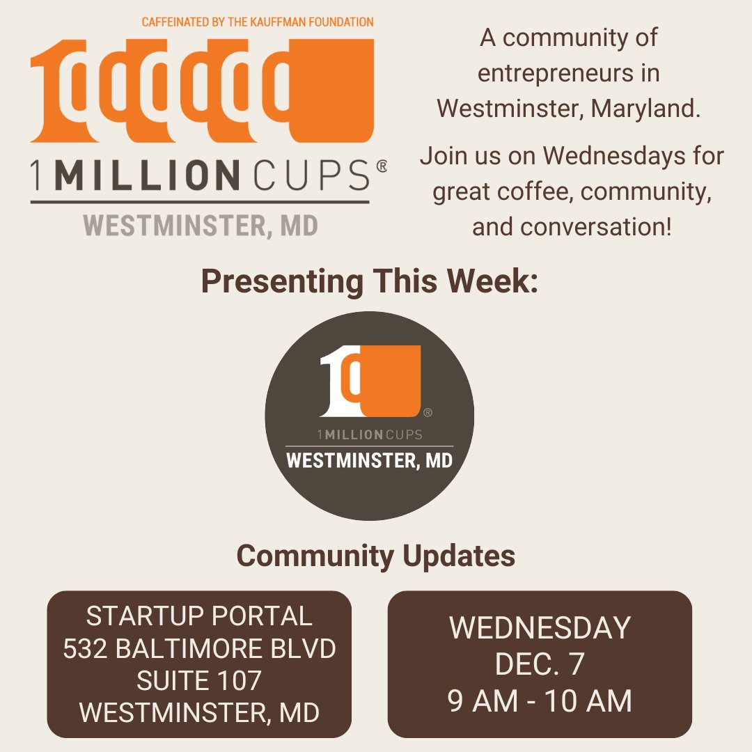 Tomorrow's #1MillionCups #WestminsterMD meeting will feature updates from members of the <a href="/1MCWestminster/">1MC Westminster</a> #community! Don't miss it! Join us in person at <a href="/StartupPortal/">Startup Portal</a> (with <a href="/AmericanIceCoC1/">AmericanIceCoCafe</a> #coffee and <a href="/JBirdBakingCo/">JeannieBird</a> pastries) or catch the livestream at facebook.com/1MCWestminster/