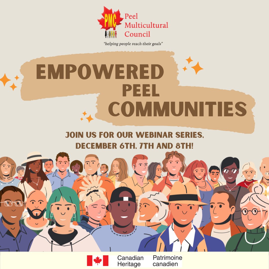 Join our webinar series starting TODAY! Webinars share community reflections on harmful portrayals of Peel residents during the COVID-19 pandemic and how to build a more equitable and respectful society. Register at peelmc.ca/events/. 
#EmpoweredPeel #Newcomers #PeelRegion