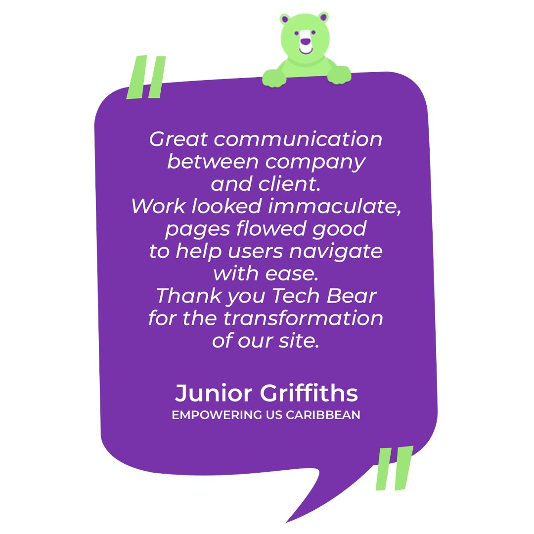 TeamTechBear's tweet photo. This is such terrific feedback, we’d really like to share with all on this #TestimonialTuesday. 😎

At TechBear we are always trying our best to make your experience working with us memorable, and we’re glad that we’ve achieved it with Empowering Us Caribbean. Thank you! 🐻 https://t.co/dYZ3uIqg7X