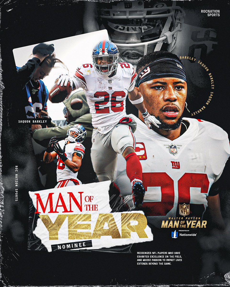 RocNationSports's tweet photo. Making an impact both on &amp; off the field.

Congrats, @saquon on being named the @Giants nominee for the Walter Payton NFL Man of the Year Award!

#WPMOYChallenge + Barkley https://t.co/wf3BTqTeUH
