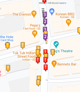 DaveJFrench's tweet photo. @CllrScottArthur @alanpaxton @andykirkland71 @david_mccraw One of those ~40 incidents, one involved a pedestrian and one involved a cyclist. It's very not obvious that this should be a priority for active travel funding.

For comparison, here's *only cyclist casualties* at the King's Theatre junction (project delayed ~10 years?) https://t.co/Mo6hE5BhDl
