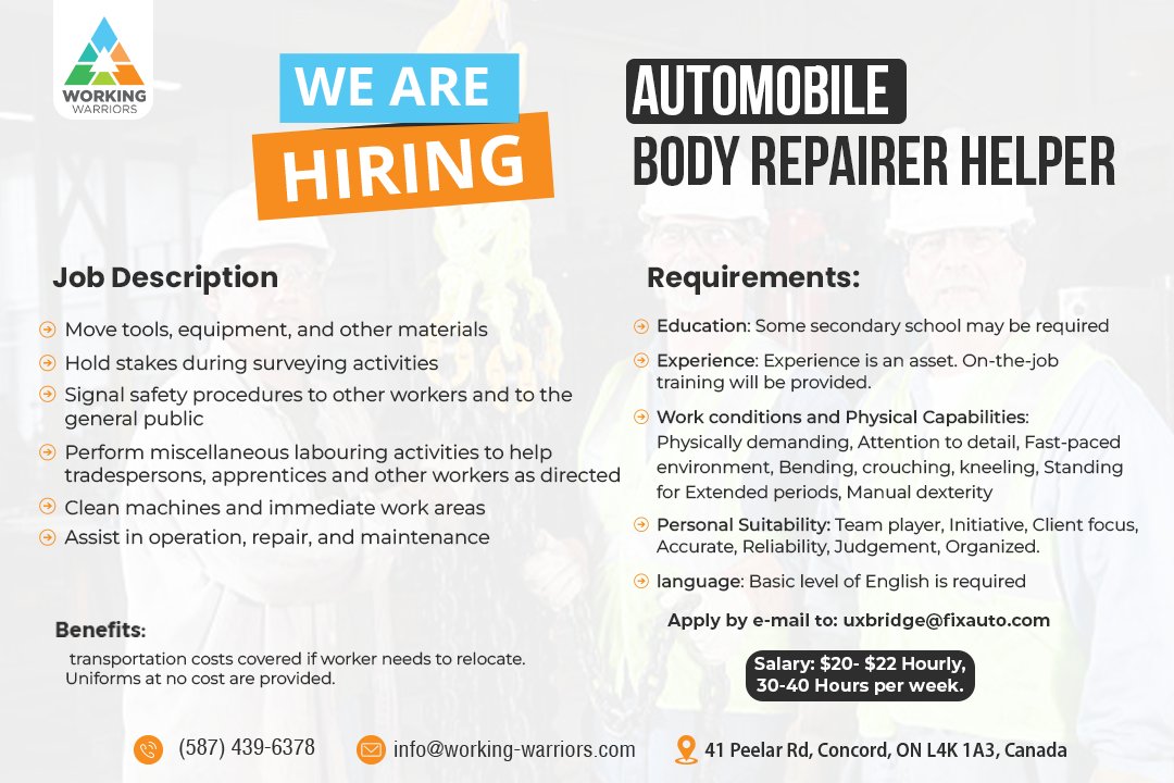 warriorsatwork's tweet photo. We're Hiring Automobile Body Repairer Helper!
.
Apply Now: https://t.co/FRm0fg3Y3G
.
.
.
#WorkingWarriorsInc #WorkingWarriors #AutoMobileBodyRepairer #AutoMobileJobs  #indigenouscommunity #Indigenous #nativecanadian #aboriginal #nativeAmerican #americanadian #jobs #employment https://t.co/DDmwQb7ERB