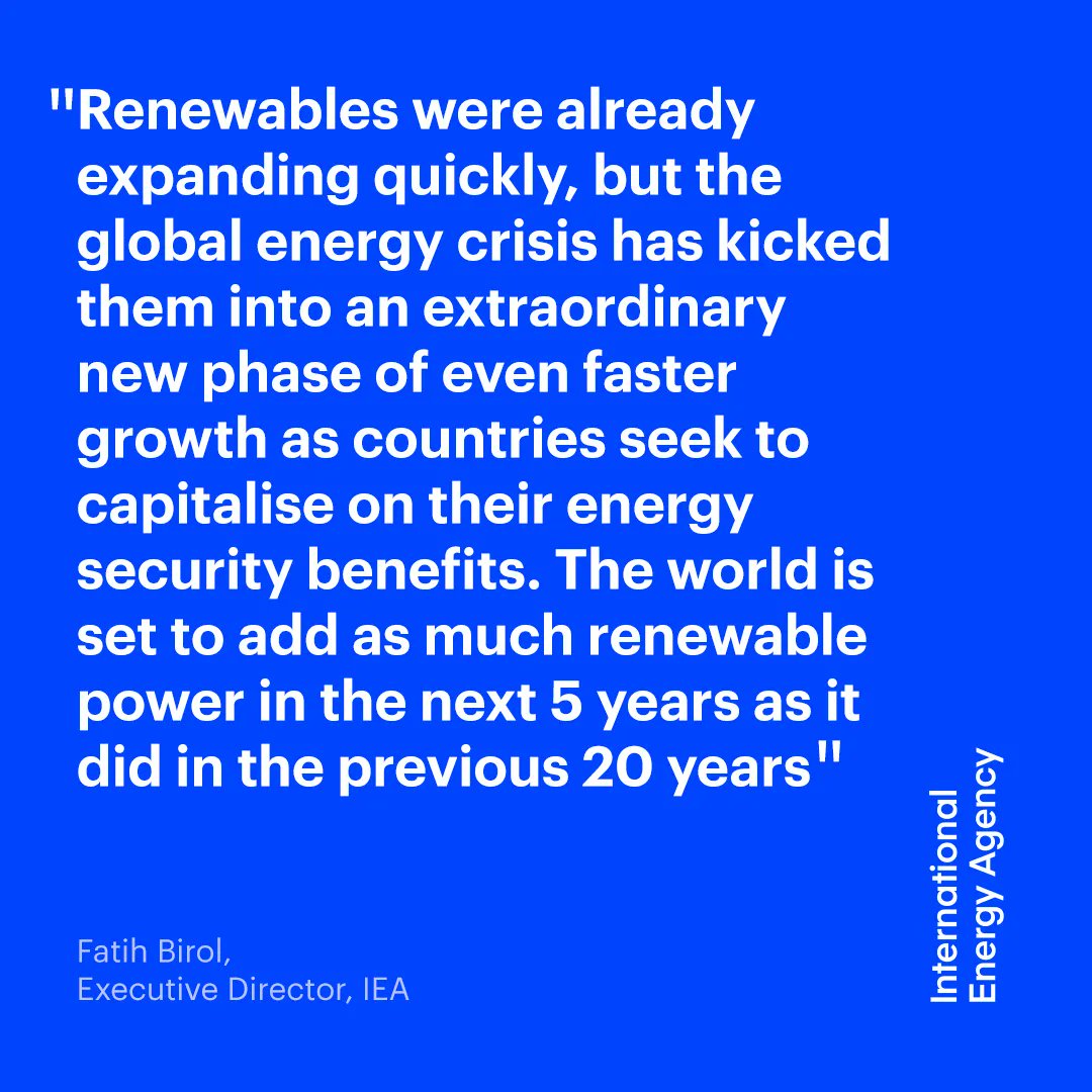 🗣 “Renewables were already expanding quickly, but the global energy crisis has kicked them into an extraordinary new phase of even faster growth” IEA’s @fbirol on the latest trends in renewable energy markets. Read more in our new report 👉 iea.li/3F4Klcs