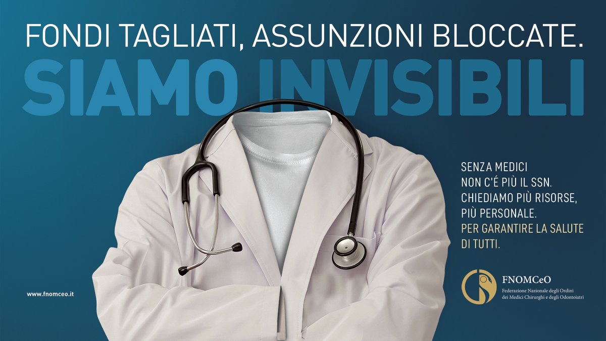 FNOMCeO's tweet photo. Senza medici non c'è più il #SSN.
Chiediamo più risorse, più personale.
Per garantire la salute di tutti.

#Invisibili https://t.co/TbWNkkUMxE