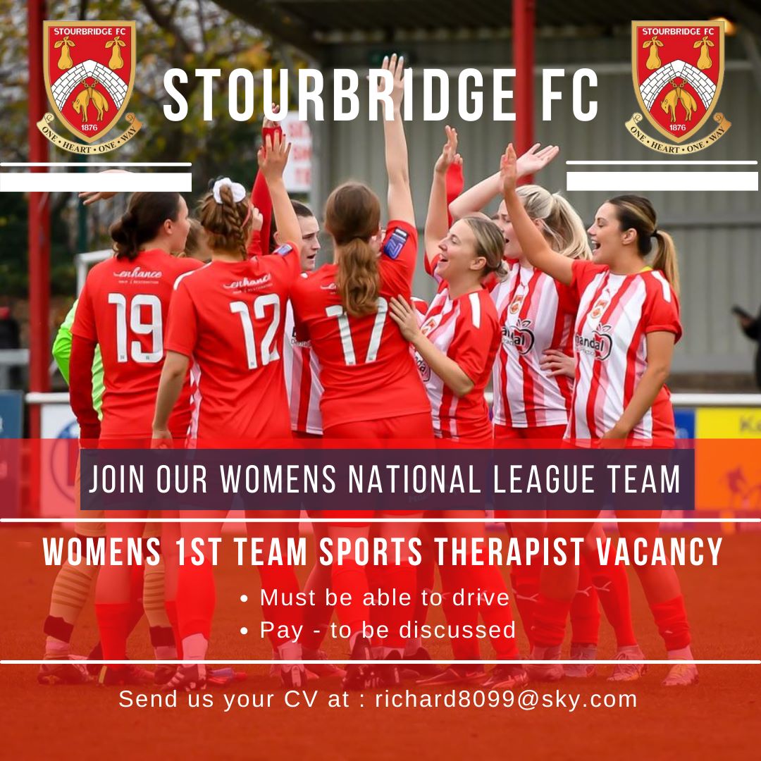 StourbridgeWFC's tweet photo. We are on the lookout for a new First Team Sports Therapist. If you're interested in joining our family get in touch! Details below... #Glassgirls 🔴⚪ https://t.co/YGhz3c4HH9