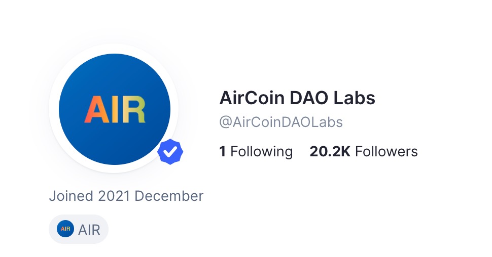 AirCoinreal's tweet image. [CMC update] #AirCoinDAOLabs @CoinMarketCap community followers update.

There are more than 20K followers on the #AirCoinDAOLabs #CoinMarketCap community.

More info here: coinmarketcap.com/community/prof…