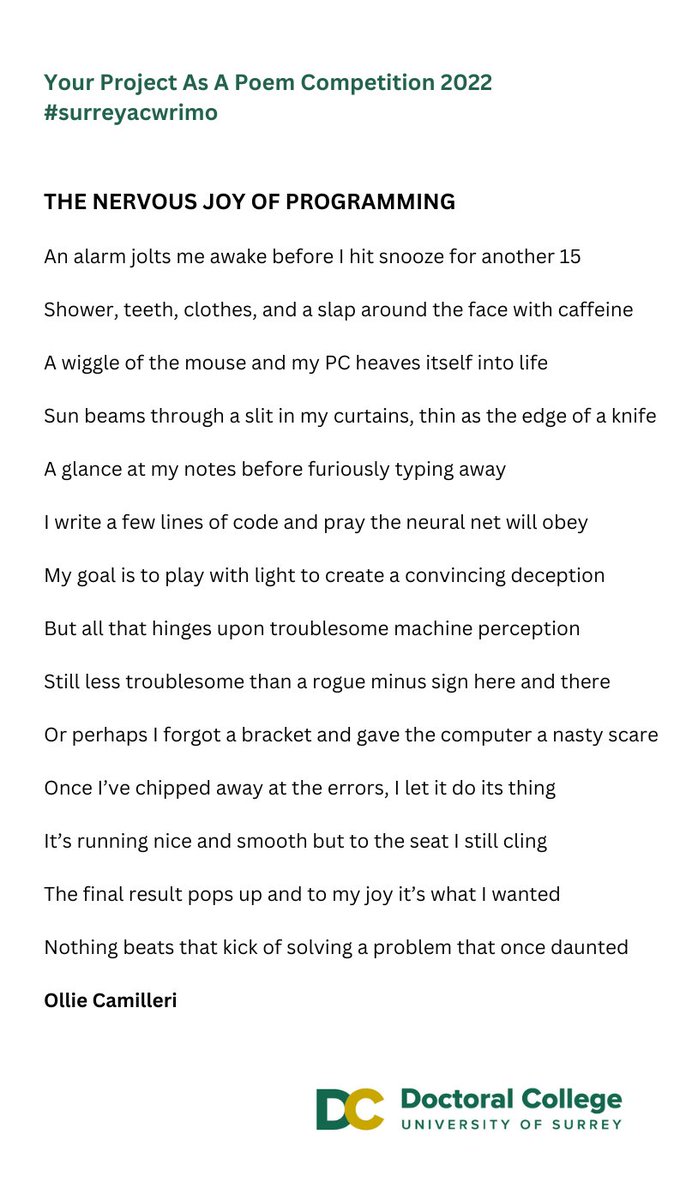 Delighted to share another entry in our 'Project As A Poem 2022' competition. This one is about the nervous joy of programming. #surreyacwrimo