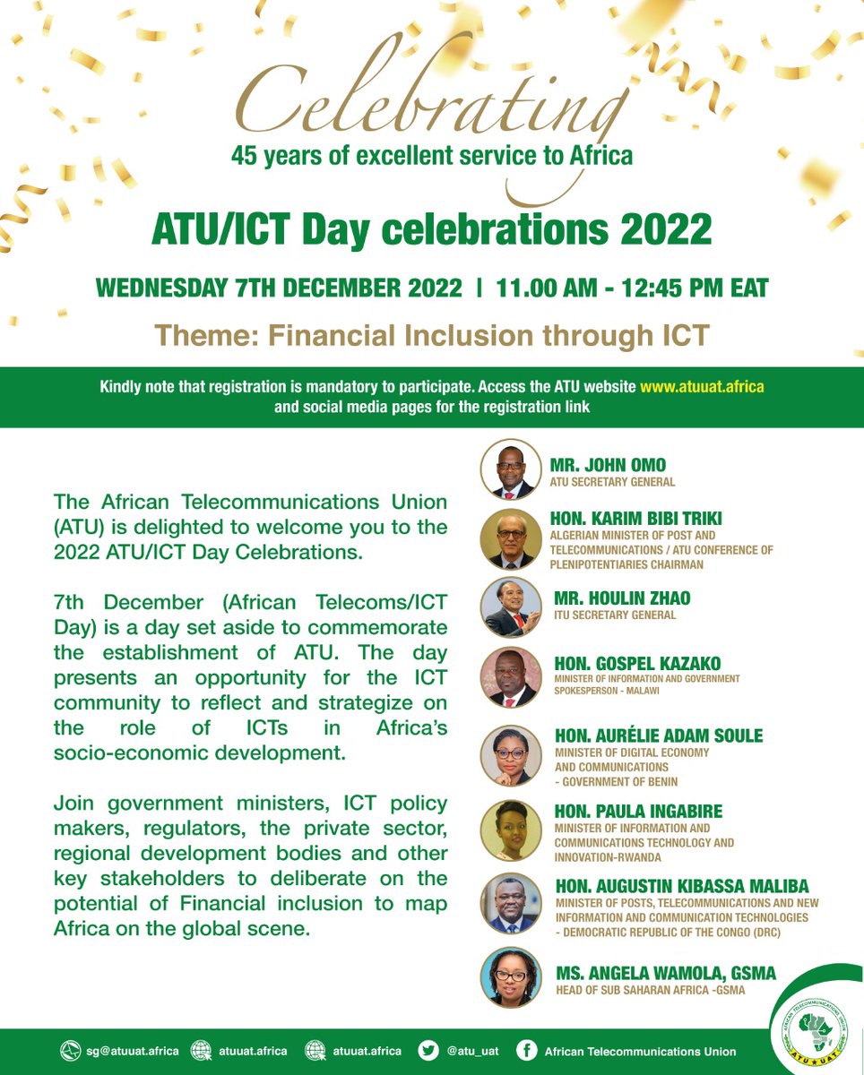 atu_uat's tweet photo. Amazing speaker list for tomorrow's #ATUDay for you. Click https://t.co/TzTXX1zlKK to reg & engage with @ITU Sec Gen, Mr Haulin ZHAO & ICT ministers, Honourables: @Karim_BibiTriki, @MusoniPaula, @AurelieASZ, @AugustinKibassa & @GospelKazako, together with @GSMA's @AngieWamola https://t.co/GQpihgtu0f