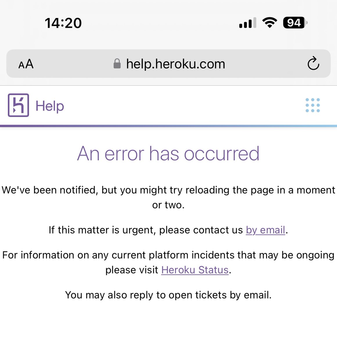 sm9's tweet photo. @heroku @herokustatus Hi, currently unable to access your Support pages due to the following error. Can’t see any known issues on your status pages though. https://t.co/MgGEgGbQ7b
