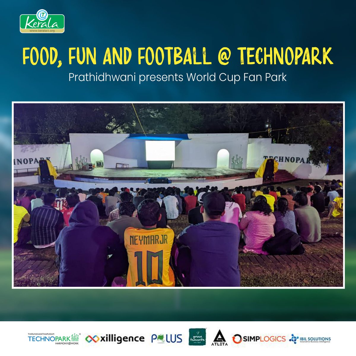mytechnopark's tweet photo. In Technopark, #Prathidhwani, the welfare organisation for IT companies, is making sure there is football fever at its peak. The team is providing #football fans with an opportunity to watch the knockout matches live @ Technopark Amphitheatre on a big LED screen.

#Technopark https://t.co/jXrHWvo1UO