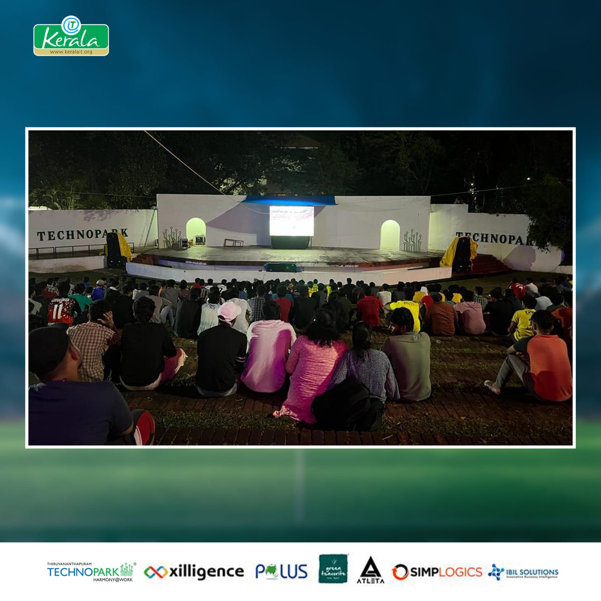 mytechnopark's tweet photo. In Technopark, #Prathidhwani, the welfare organisation for IT companies, is making sure there is football fever at its peak. The team is providing #football fans with an opportunity to watch the knockout matches live @ Technopark Amphitheatre on a big LED screen.

#Technopark https://t.co/jXrHWvo1UO
