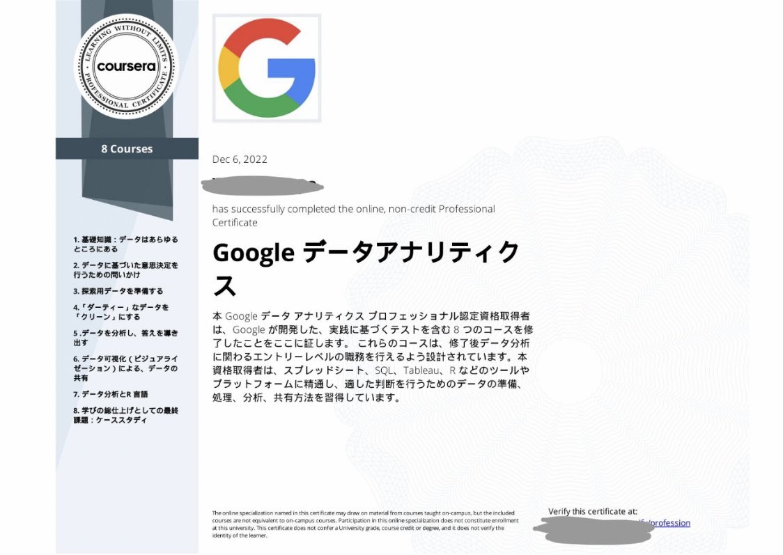718ytTtt's tweet image. Googleデータアナリティクスを修了いたしました。
良い勉強になりました。
日本リスキングコンソーシアム様の無料枠で応募させていただきました。このような機会を設けさせていただき感謝します。ひと段落したので次はTOEICと応用情報に、、!
#GoogleCareerCertificate
#GoogleDataAnalytics