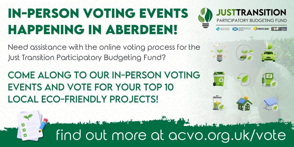 ⭐️In-person voting events happening in #Aberdeen!⭐️

@Aberdeen_ACVO & @NESCANhub will be holding free in-person voting events across #AberdeenCity for anyone needing assistance with casting their online #JTPBFund votes🗳

Find out more👉 acvo.org.uk/vote/