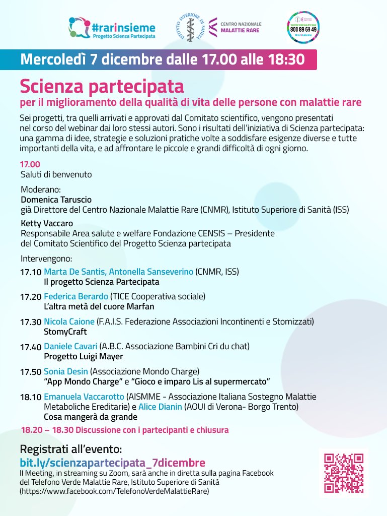 Aismme's tweet photo. Domani 7 Dicembre la nostra Vice Presidente Manuela Vaccarotto interverrà a "Scienza Partecipata per il miglioramento della qualità di vita delle persone con malattie rare" in occasione della presentazione dei progetti finalisti!

Registrati qui! https://t.co/h9PS2a2RYN https://t.co/PeIY62rdiH