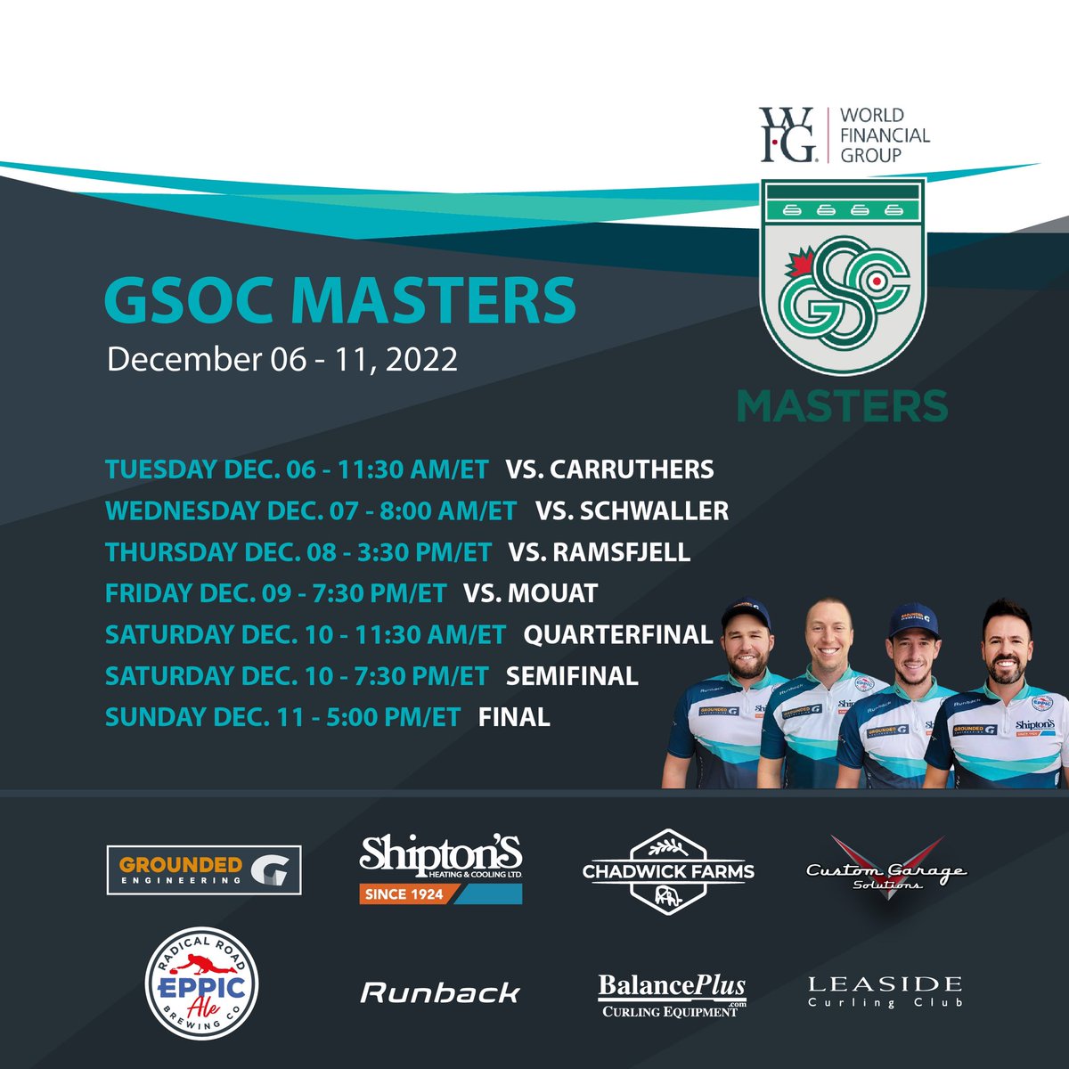 We’re in Oakville this week for the <a href="/grandslamcurl/">Grand Slam of Curling</a> Masters!! 🥌

Our first game is coming up at 11:30 AM/ET VS <a href="/teamcarruthers/">Team Carruthers</a>! 

Live scores available on thegrandslamofcurling.com. 💻

Check out our schedule below👇