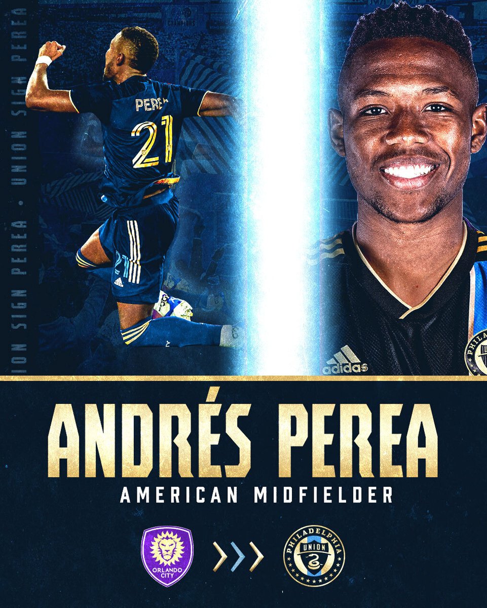 PhilaUnion's tweet photo. Philadelphia Union have acquired midfielder Andres Perea from @OrlandoCitySC.

Welcome to Philly, @andresperea06!

📝 https://t.co/Pvkd5aKycZ

#DOOP https://t.co/YIUs6H3Ep2