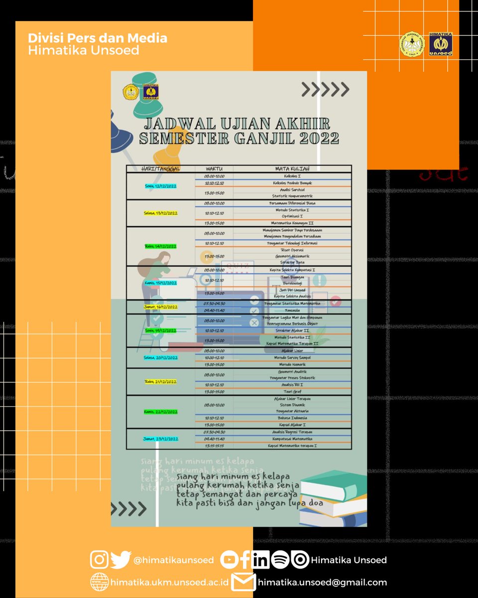 [ JADWAL UJIAN ]

🙌 Halo Warga Matematika 🙌

Gimana nih kuliahnya? Masih semangat kan?

Tidak terasa UAS semester ganjil tahun 2022 sudah di depan mata loh!! 🤗 Sudah tahu jadwal UAS semester ini? Kalau belum, yuk lihat jadwal UAS nya!!!