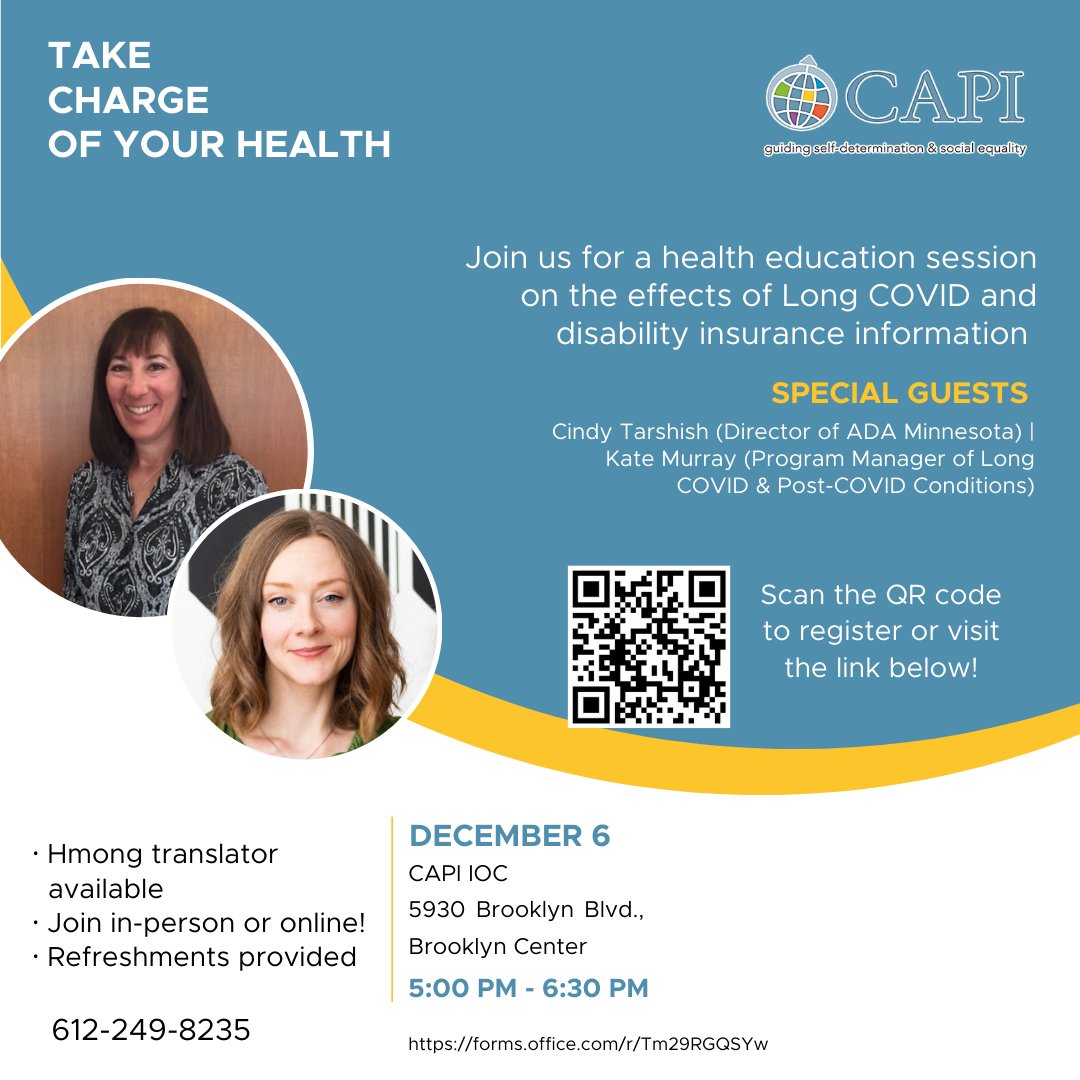 CAPIUSA1982's tweet image. Our Take Charge of Your Health Series kicks off tonight with a session on the effects of Long COVID and a discussion about disability insurance. Join us from 5 pm - 6:30 pm to hear from our guest speakers and take charge of your health! Refreshments provided!