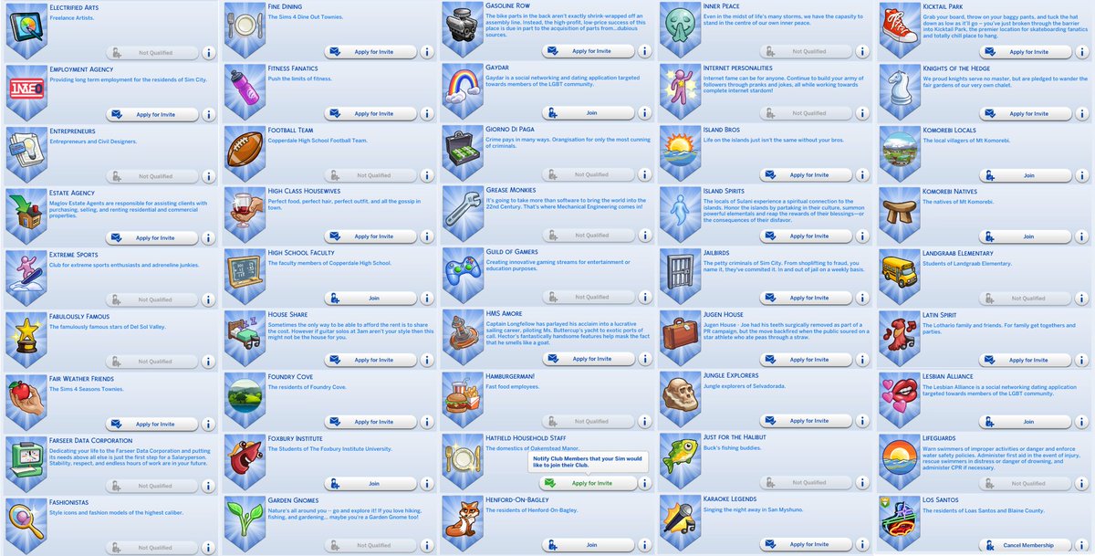 SimsLifeStory's tweet photo. Here are my clubs in #TheSims4

The #Sims4GetTogether clubs are one of my absolute favourite features and I would struggle to play without it.

Here are MOST of my current clubs. The game's limit is 230 clubs and I am already at 186. 👀 https://t.co/tMWyWTijiT