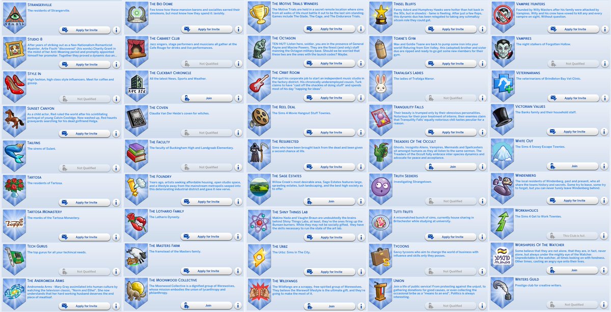 Here are my clubs in #TheSims4

The #Sims4GetTogether clubs are one of my absolute favourite features and I would struggle to play without it.

Here are MOST of my current clubs. The game's limit is 230 clubs and I am already at 186. 👀