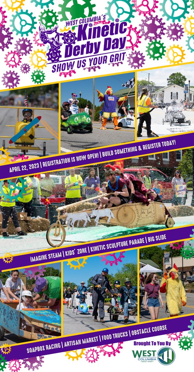 WestColumbiaSC's tweet image. Registration for West Columbia's Kinetic Derby Day, featuring iMAGINE STEAM Festival, is Open!
westcolumbiasc.gov/registration-f…
Register Now at kineticderbyday.com.
#showusyourgrit #familyproject #headwest #wecosc