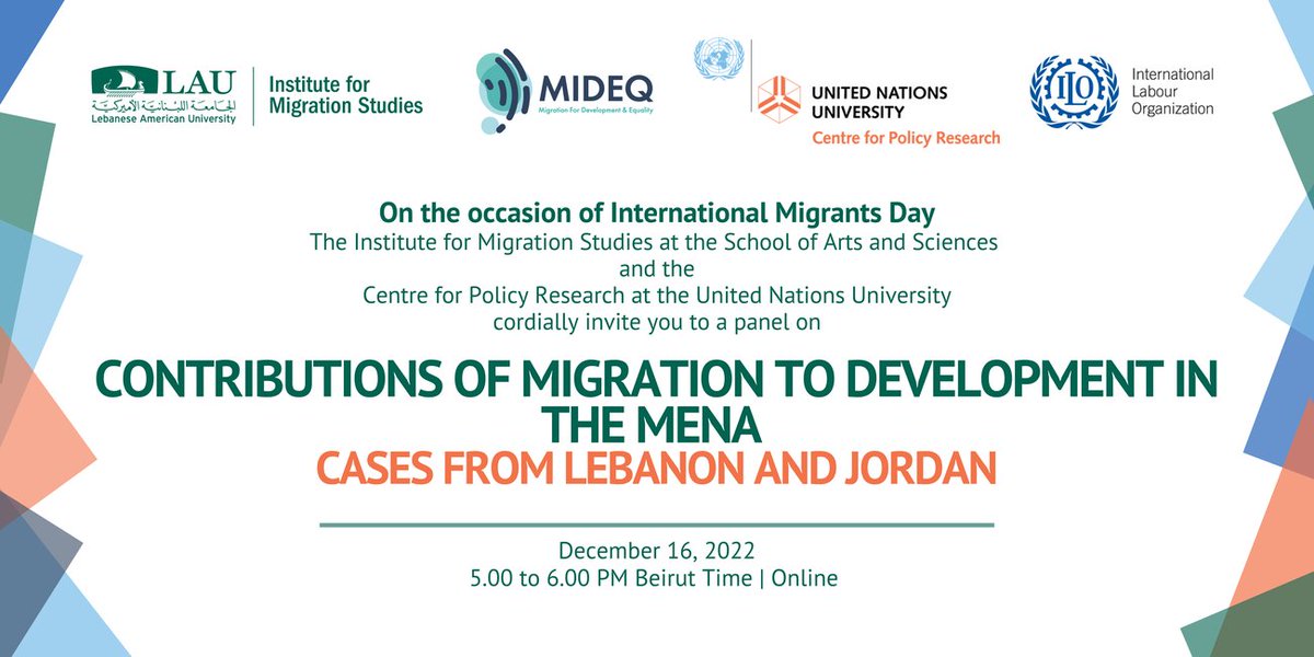 MIDEQHub's tweet photo. The Institute for Migration Studies at @LebAmUniv and @UNUCPR in partnership #MIDEQ Hub and @ilo are organising an online panel addressing the migration in the #MENA, with a focus on Jordan and Lebanon.
Click for details👉 https://t.co/3hH65KeNyd https://t.co/x4wALtFOJs