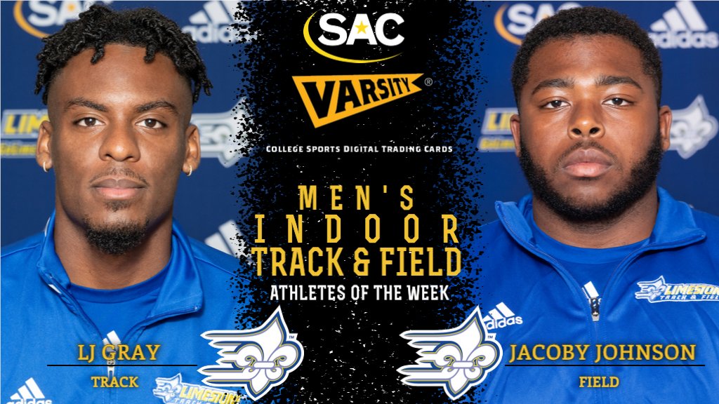 SAC_Athletics's tweet photo. Limestone's Gray and Johnson Named South Atlantic Conference @VarsityGems Men's Indoor Track & Field Athletes of the Week #MakeSACYours #SACMITF
Story: https://t.co/nnuLoNsOKD https://t.co/8eeEmeP7Ch
