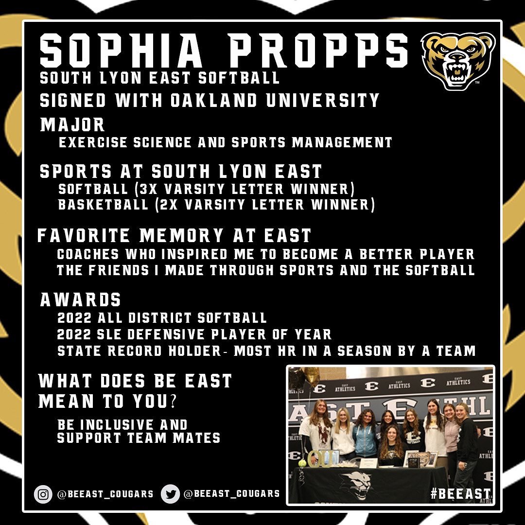 Our first college-bound athlete will be Sophia Propps (<a href="/ProppsSophia/">Sophia Propps 2023</a>)! She is off to <a href="/OaklandSoftball/">Oakland Softball</a> to be a part of the Golden Grizzlies! Sophia is a 5x letter winner! We wish nothing but the best for Sophia and can’t wait to see her finish her senior year off strong! #BeEAST