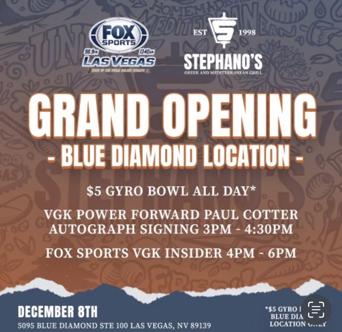 Come meet <a href="/GoldenKnights/">Vegas Golden Knights</a> forward <a href="/paulcotter47/">Paul Cotter</a> at the grand opening of <a href="/StephanosLV/">StephanosGreek&Med</a> newest location on Blue Diamond Road from 3pm - 4:30pm on Thursday, 12/8.  #VGK