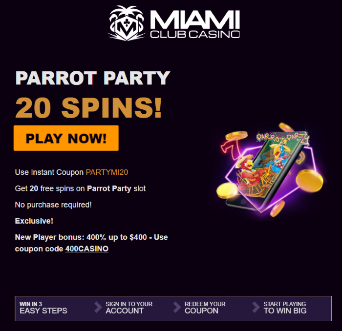 TopGameBonuses's tweet photo. Miami Club Online Casino: 20 Free Spins on Parrot Party NO DEPOSIT BONUS @ https://t.co/llvwjlFyvZ REAL MONEY #MiamiClub #MiamiClubCasino #NoDepositBonus #FreeChips #NDB #gambling #betting #bet #casino #win #bettingonline #gamble #Fun #onlinecasino #gambler #winning #gaming https://t.co/nhbYWtRalQ