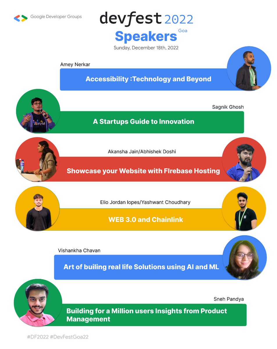 Here is our list of Speakers for DevFest 2022! We look to having a great day at Vivanta on 18th December. Looking forward to seeing you there!
#devfest2022 #devfestgoa #googledeveloperstudentclubs #googledevelopers #softwaredeveloper
#ComposeCampIndia
#DeveloperStudentClubs