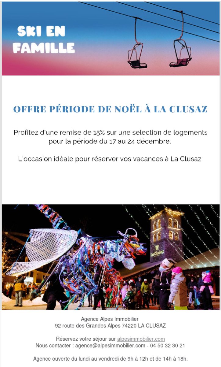 ALPESIMMOBILIER's tweet photo. C' est bientot Noel, offre sur une selection de logement 

    Du mardi 6 déc. 2022 à 09h00, au samedi 31 déc. 2022 à 15h30
    
Prefitez de 15% de reduction sur vos vacances a LA CLUSAZ https://t.co/8WhDkZF8Aw