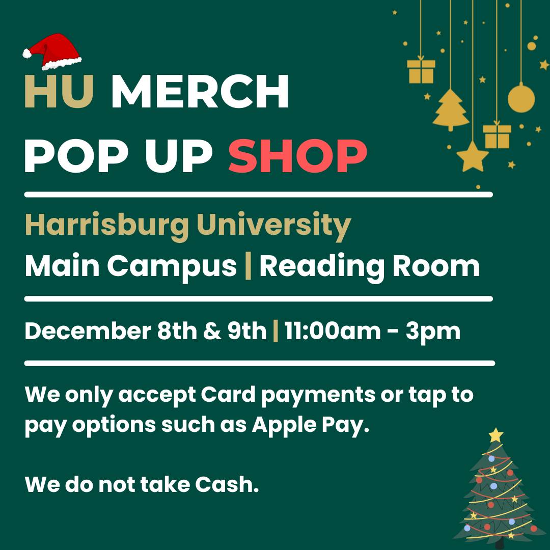 HarrisburgU's tweet photo. Heads UP: From 11 a.m. to 3 p.m. Thursday and Friday, the HU Merch Pop UP Shop will be open in the reading room on the first floor of the main building. Feel free to stop by and check out some of the latest options of available merchandise.
#HUPROUD #humerch #xmasshopping https://t.co/JmrzY3J2SQ