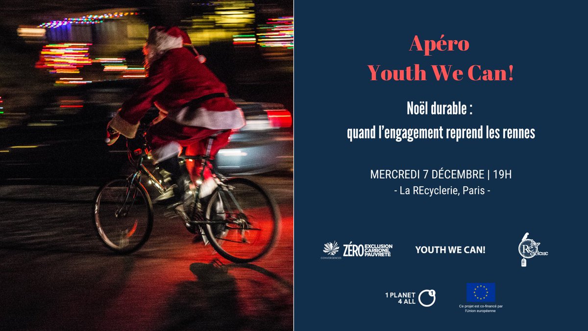 ☃️ Rendez-vous mercredi 07 décembre à <a href="/LaRe_cyclerie/">La REcyclerie</a> (Paris), pour le 3ème Apéro Youth We Can! De la saison, intitulé « Noël durable : quand l’engagement reprend les rennes ? ». 
Inscriptions gratuites 👉 bit.ly/3AjejYG 
<a href="/ConvergencesORG/">Convergences</a> #Noëldurable #1Planet4All
