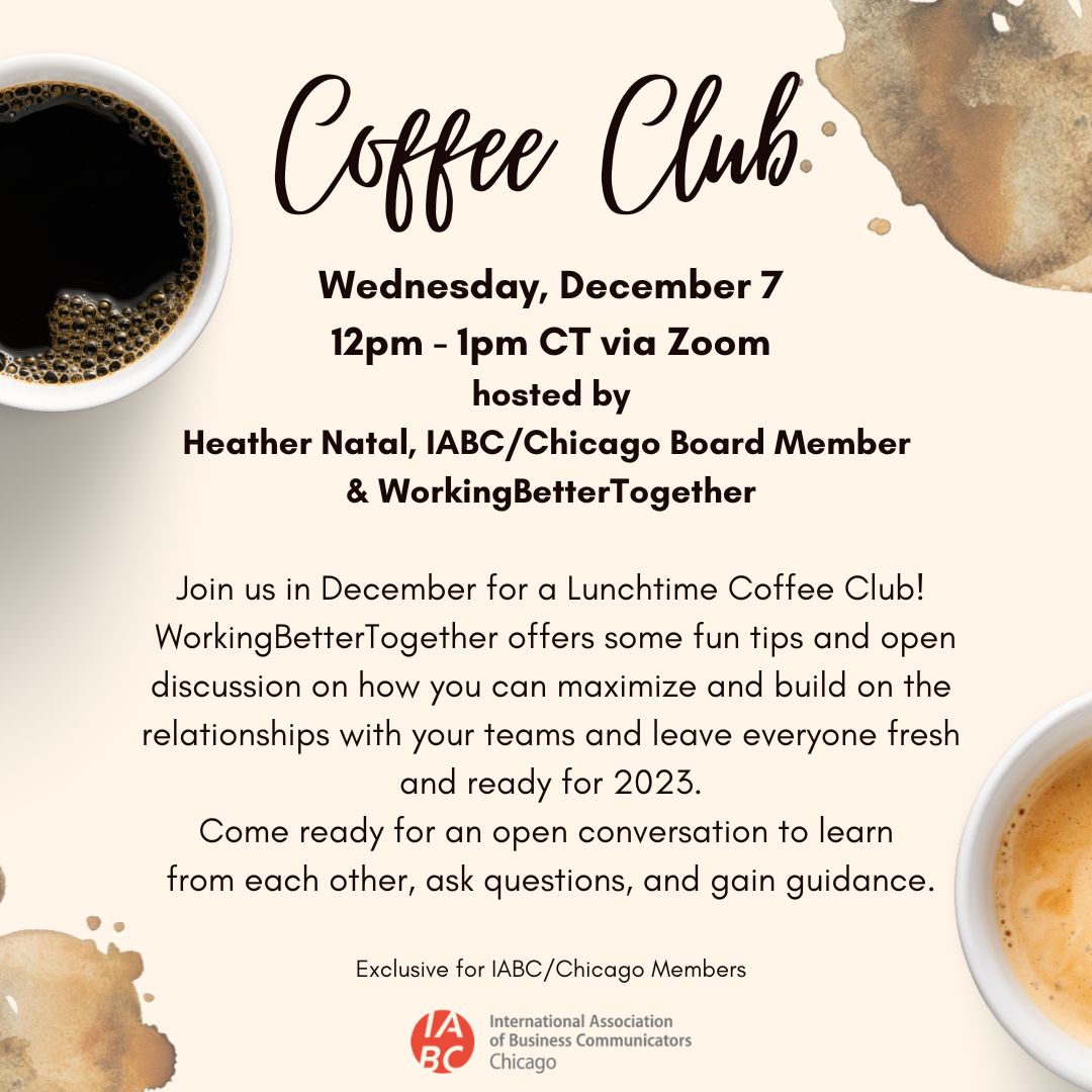 IABCChicago's tweet photo. To help prepare for our holiday event (or any office parties you find yourself at in the next three weeks), join us for our Coffee Club tomorrow at NoonCT! (because it's always coffee time!) 😉
https://t.co/ENa1Id4OXn https://t.co/rhx0n6l2KA