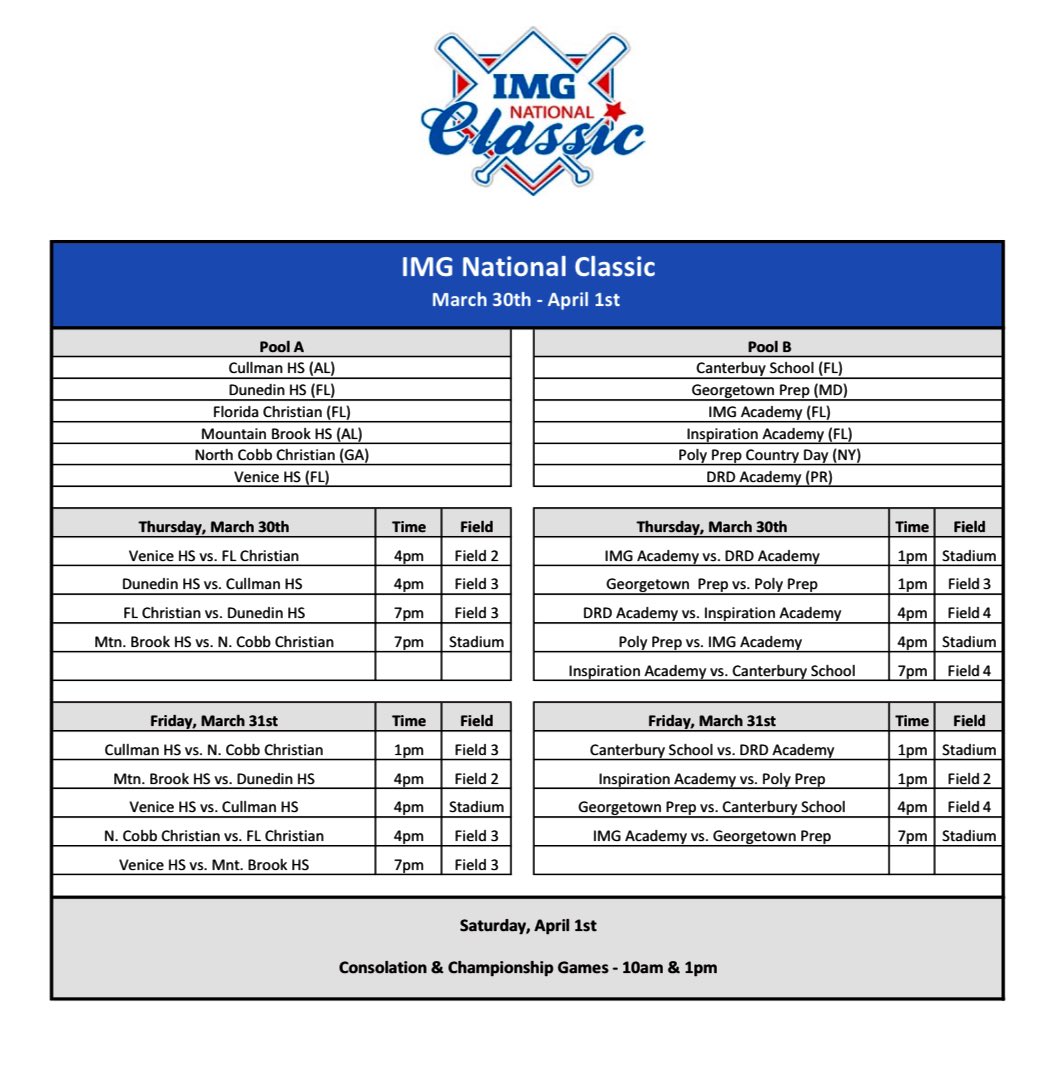 GPrepbaseball's tweet photo. Wanted to share with you all the schedule for the @IMGAcademy Baseball Classic! โพ๏ธ
The @GPrepbaseball Hoyas will be down in Bradenton, FL from March 30-April 1 โ๏ธ
#gohoyas #GPREP #prep
@GPrepbaseball @georgetownprep https://t.co/TQRfT4QhhS