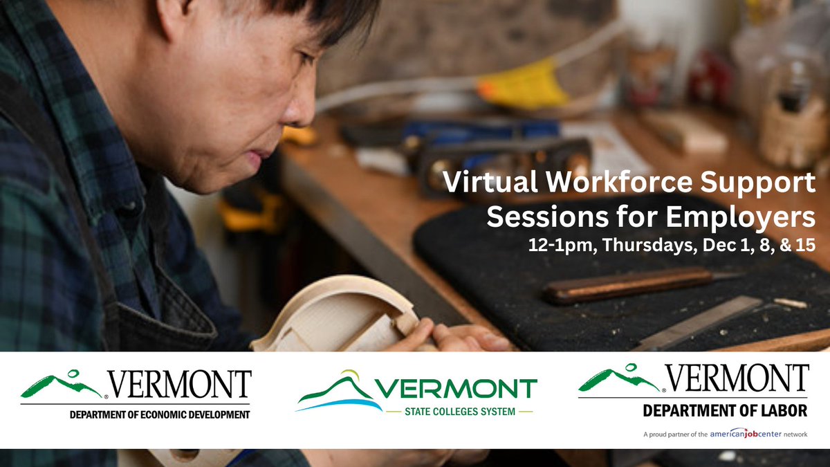 ACCDVermont's tweet photo. THURSDAY: Join the 2nd of 3 Virtual Workforce Support Sessions this Thursday, Dec. 8, 12-1pm. Employers will gain access to statewide recruitment, training, &amp; retention resources. Join workforce experts @ACCDVermont @VTLabor &amp; @VSC_edu. Register to attend https://t.co/bBJPYv1CHU https://t.co/fIzseYp4Og