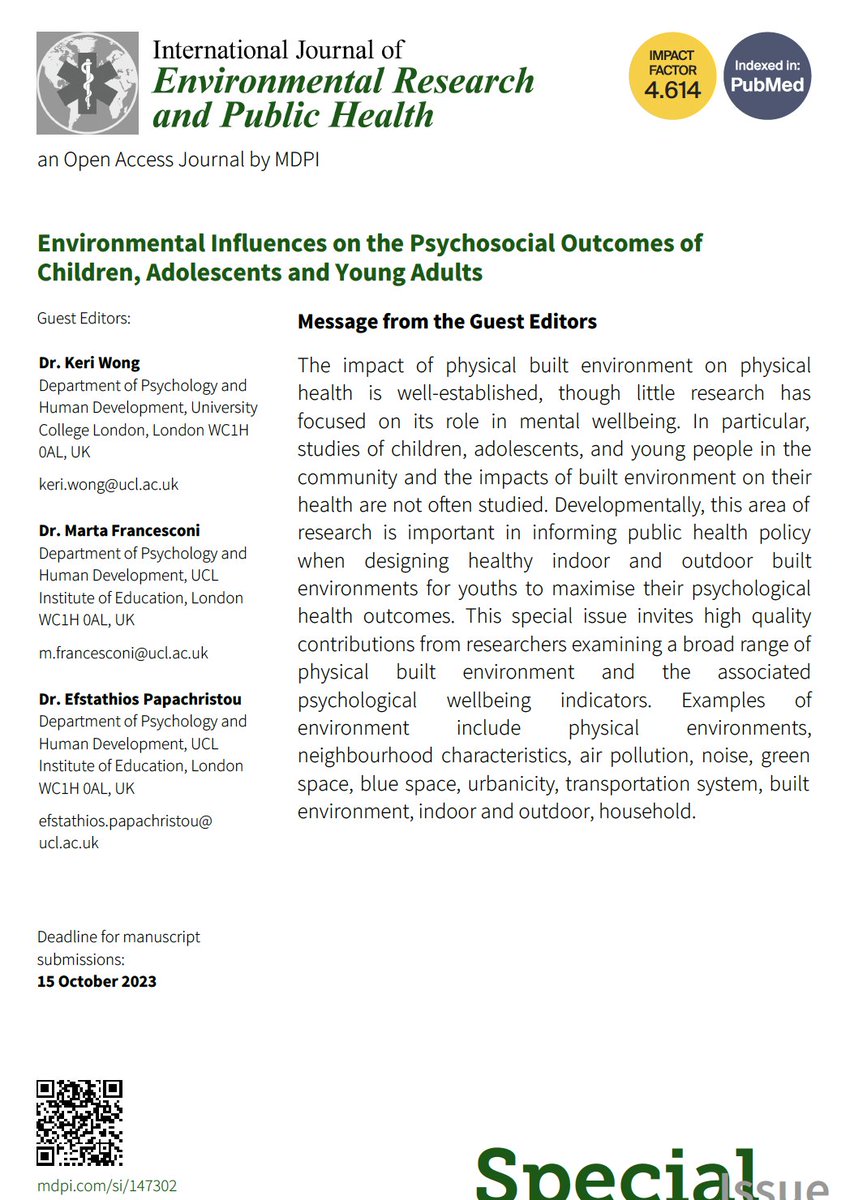 📢Do you research the #Environmental Influences on the #Psychosocial outcomes of #children, #adolescents &amp; Young #adults?📢

SUBMIT your paper to our Special Issue in the Int'l J Environmental Research &amp; Public Health (<a href="/IJERPH_MDPI/">IJERPH</a>)!

<a href="/PapSteven/">Steven Papachristou</a> <a href="/UCL_IOE_PHD/">UCL IOE Psychology and Human Development</a> <a href="/IOE_EarlyCareer/">IOE Early Career Network</a>