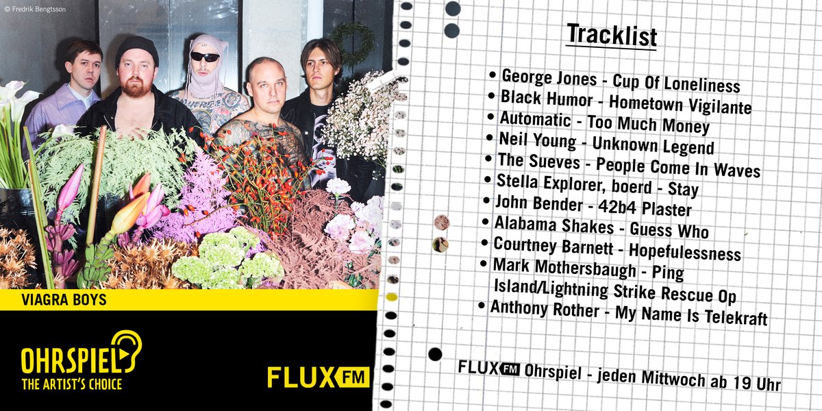 FluxFM (@fluxfm) on Twitter photo Ab 19 Uhr übernehmen die <a href="/ViagraBoys/">viagr aboys</a> für eine volle Stunde FluxFM. Im #Ohrspiel stellen euch die Schweden teil Songs vor, die sie einfach gern hören, teils Songs, die Inspiration für ihre aktuelle LP #CaveWorld geliefert haben.
Alle Infos gibts auf fluxfm.de/viagra-boys-oh… Ab 19 Uhr übernehmen die <a href="/ViagraBoys/">viagr aboys</a> für eine volle Stunde FluxFM. Im #Ohrspiel stellen euch die Schweden teil Songs vor, die sie einfach gern hören, teils Songs, die Inspiration für ihre aktuelle LP #CaveWorld geliefert haben.
Alle Infos gibts auf fluxfm.de/viagra-boys-oh…
