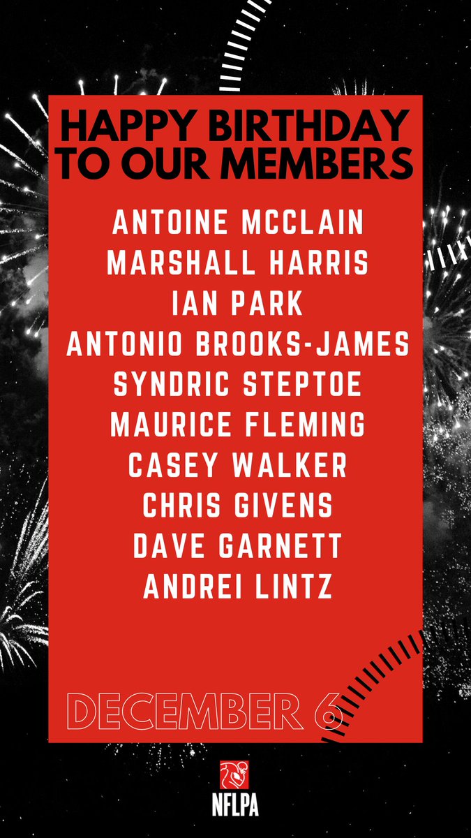 NFLPA Former Players (@nflpafmrplayers) on Twitter photo HBD!- @mrmac256 @MarshallKurtHarris @ianpark_ @_tonytootone @Syndrics @reeseflemingjr @coachwalker53 <a href="/CG1three/">Chris Givens</a> <a href="/books5442/">david garnett</a> @Kgoganious <a href="/GregoryLoberg/">Gregory Loberg</a> @ChrisHarper @2ShaunDraughn0 Have a fantastic birthday! -Don't see your handle? Update your profile on NFLPA.com HBD!- @mrmac256 @MarshallKurtHarris @ianpark_ @_tonytootone @Syndrics @reeseflemingjr @coachwalker53 <a href="/CG1three/">Chris Givens</a> <a href="/books5442/">david garnett</a> @Kgoganious <a href="/GregoryLoberg/">Gregory Loberg</a> @ChrisHarper @2ShaunDraughn0 Have a fantastic birthday! -Don't see your handle? Update your profile on NFLPA.com