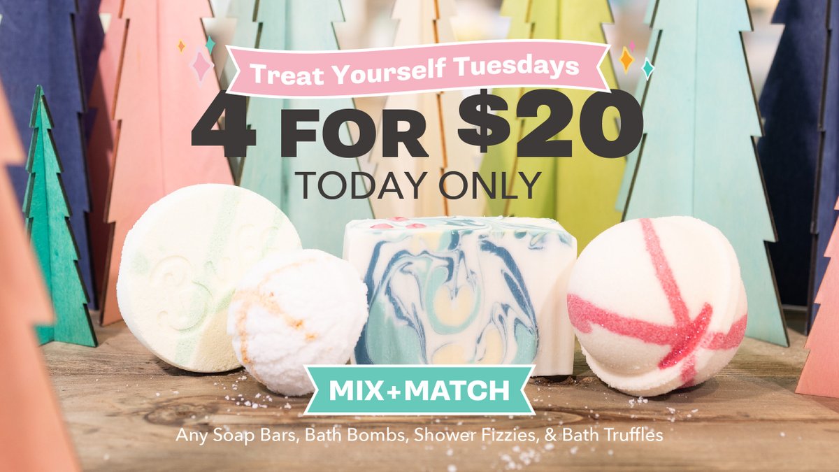 4 for $20: A Gift For You, From You! 
This Treat Yourself Tuesday, shop our Soap Bars, Bath Bombs, Shower Fizzies, &amp; Bath Truffles! 
Sale valid TODAY in stores and online at buffcitysoap.com. Hours &amp; Sales may vary by location.
#bundledeals #holidaysoap #treatyourself