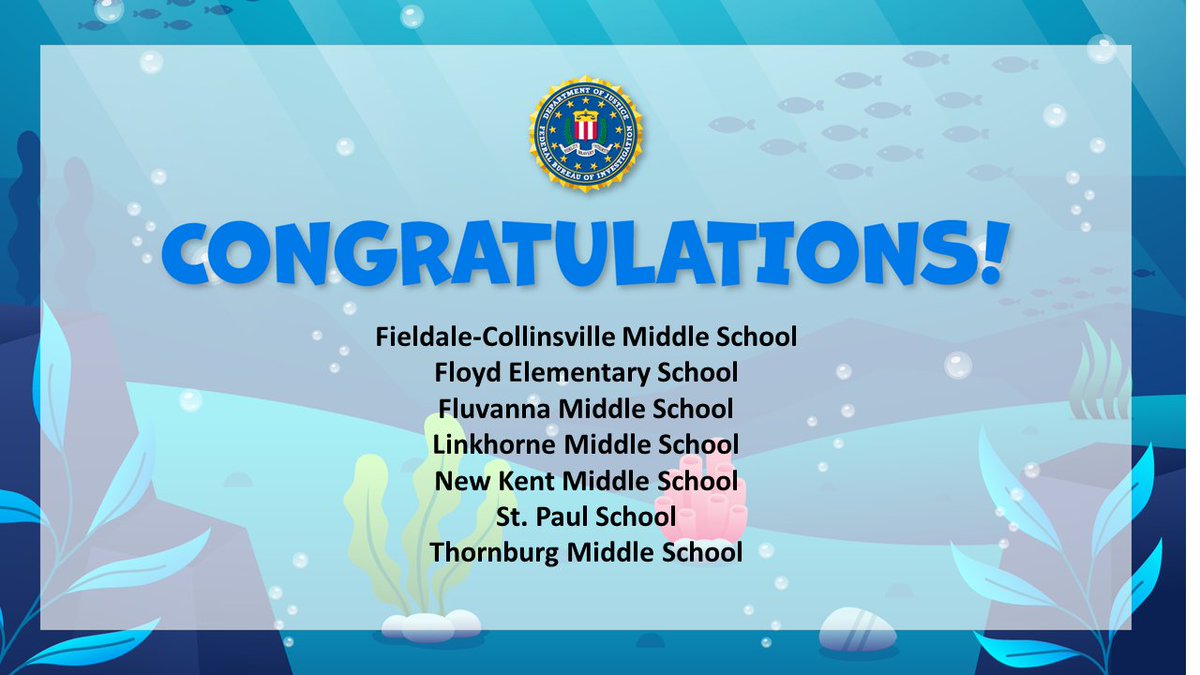 @FloydSchoolsVA @lmsjaguars @LCSEDU @FluCoSchools @FCMidd @hcps_va @CCPSDistrict @ThornburgJags Kudos to these schools for consistently incorporating the #FBI's Safe Online Surfing Challenge into their #cybersecurity awareness curriculum; and again, we have a new school joining our list. Welcome @NewKentMS! We hope to see you and a few more schools listed next month.