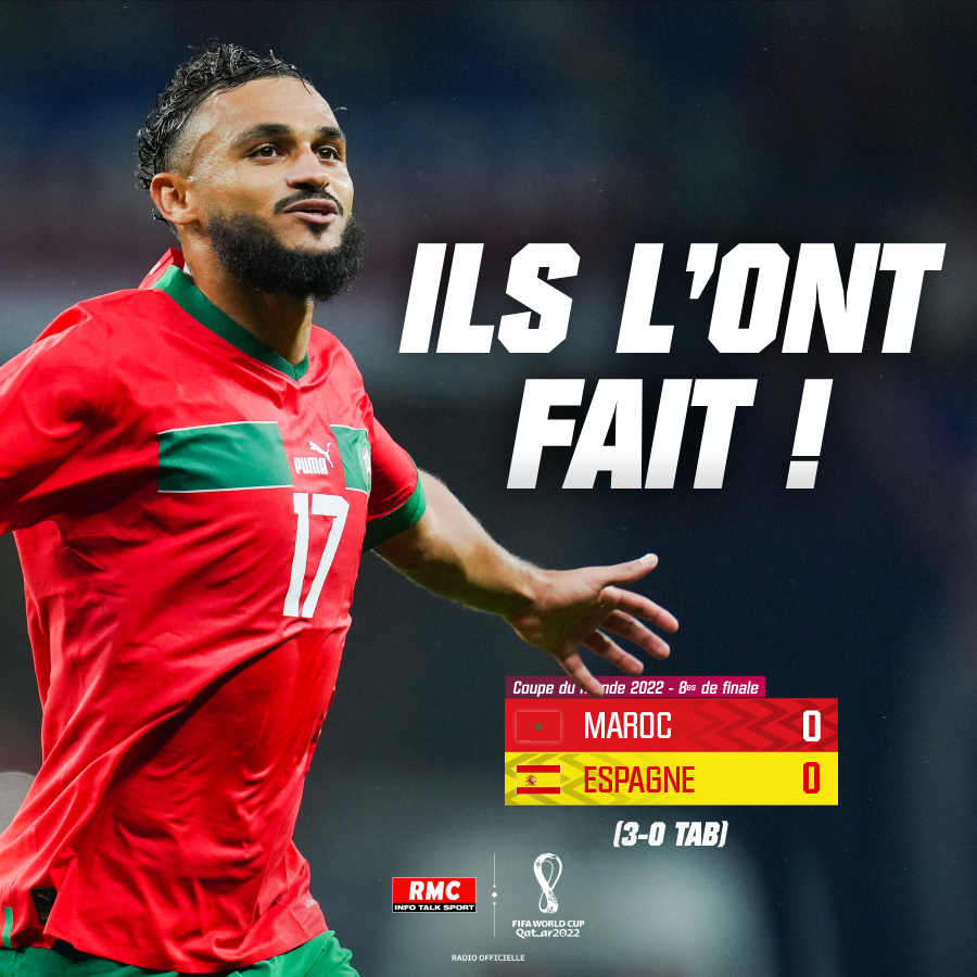 RMCsport's tweet photo. 💥 L'ESPAGNE PREND LA PORTE, EXPLOIT DU MAROC !

🇲🇦 Pour la première fois de leur histoire, les Lions de l'Atlas disputeront les quarts de finale de la Coupe du monde !!! Énooooooorme ! 

https://t.co/oryrX61aoQ https://t.co/MbJfrtt7Q1