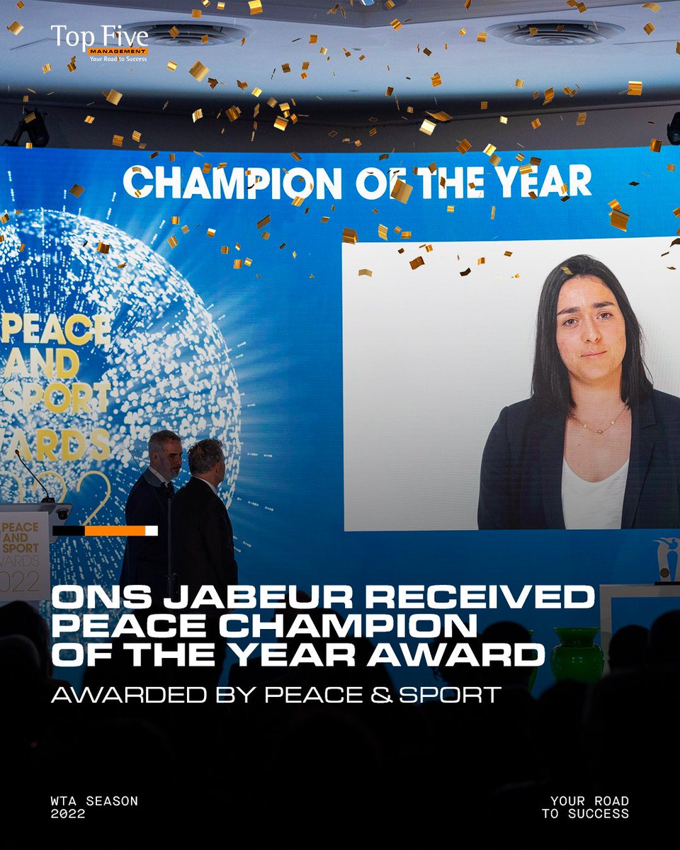 Inspiring ON and OFF the court 🙏

<a href="/Ons_Jabeur/">Ons Jabeur</a>  has been named Peace Champion Of The Year by <a href="/peaceandsport/">Peace and Sport</a>! 🏆 🇹🇳

#OnsJabeur #TeamTopFive