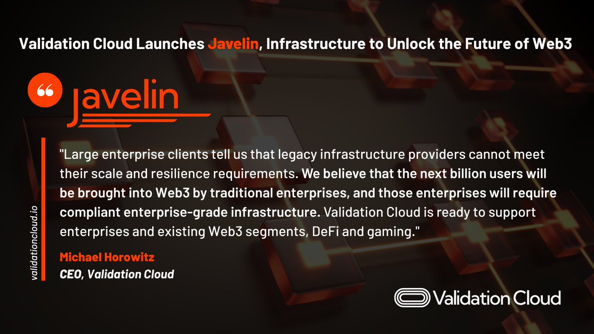 ValidationCloud's tweet photo. Validation Cloud's Javelin is now live!

Javelin is a #Web3 infrastructure platform premised on three pillars: 
⚡️superior speeds
📈enterprise scale
🌍global resilience

Read the full press release: https://t.co/xaeypTXHiT
Access Javelin now: https://t.co/S4PBNXklny https://t.co/O7YXzZN3Er